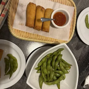Spicy edamame and crispy spring rolls