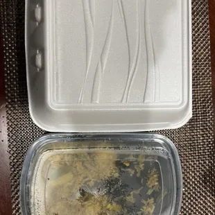 White container other restaurant. Black tiny container, My Thai Restaurant.