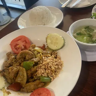 Stir Fried Chicken with Lemongrass &amp; Steam Rice. Friend said it was just okay