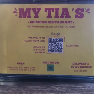Napkin dispenser with info and a QR code so you can leave a google review