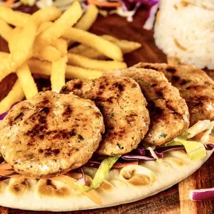 a plate of food on a wooden table
