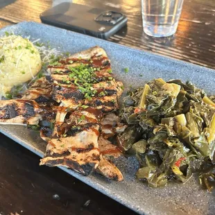 BBQ Fried Chicken with Cheese Grits and Braised Greens
