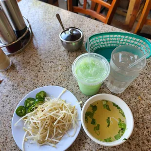 Mung Bean drink, Water, side of soup, Bean Sprouts and Jalapeno slices