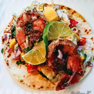 Jerk Shrimp Taco with Pineapple Slaw and Mango Salsa