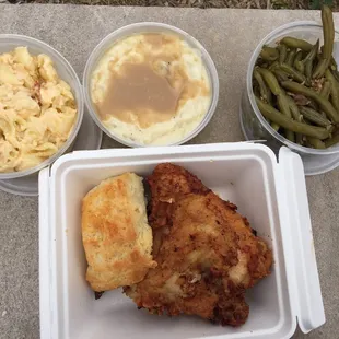 The 2-pc white chicken w/biscuit pictured with Mac &amp; cheese, smashed potatoes &amp; green beans.  Sides are small $3, med $4 &amp; lg$6