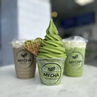 Matcha soft serve with a cute matcha heart waffle!