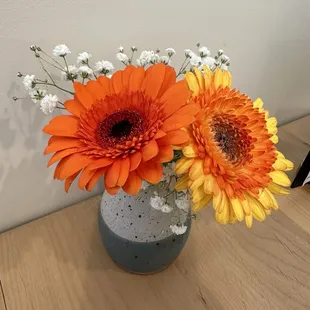 Fresh flowers on the table! They're real.