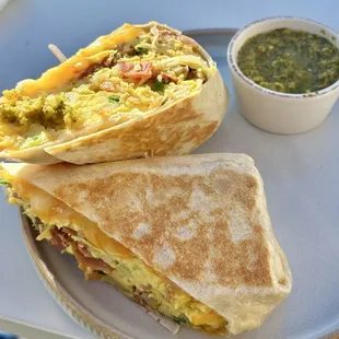 Breakfast burrito (and they have all different hot sauces)