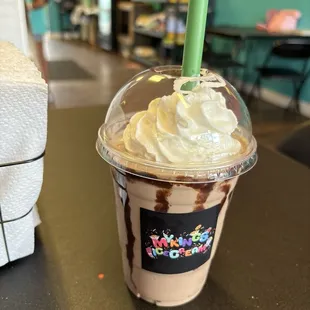 This is a chocolate, peanut butter and banana shake.