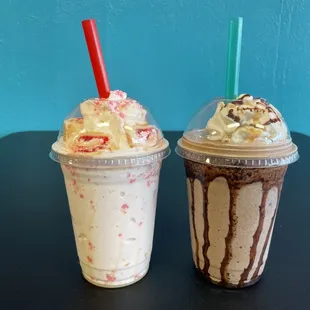 Caramel Brownie Fudge Swirl Shake and Strawberry Shortcake Shake