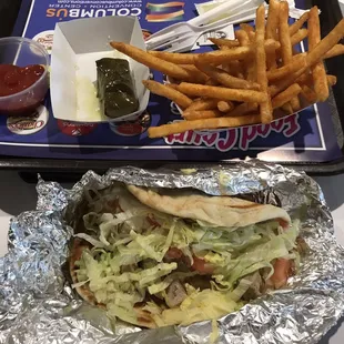 Soulvaki Pita (Marinated Pork, lettuce, tomato, onion, tatziki sauce) Fries, Dolmathes (grape leaf wrapped in rice)