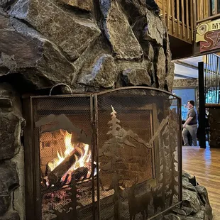 a fireplace in the lobby
