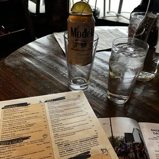 a menu and a drink