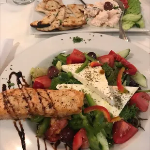 Salmon with Greek salad.