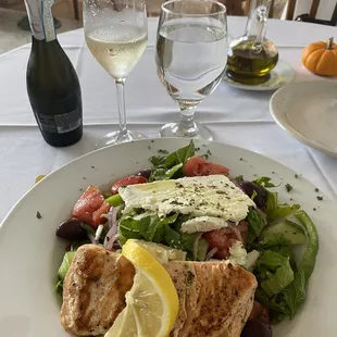 Salmon on Greek salad