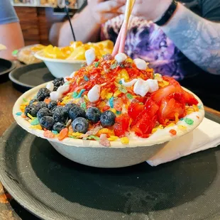 Unicorn Rainbow bingsu with fresh fruit, fruity pebbles and mochi!