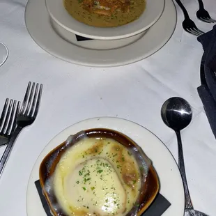 French Onion Soup; Soup du Jour (jalapeño poblano)