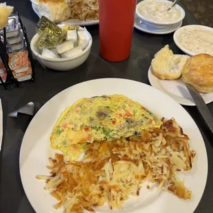 Myrtie&apos;s Eureka Omelet was very, very good! Hash browns and biscuits are equally tasty.
