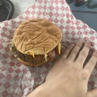 Myrtle's burger: bacon cheeseburger