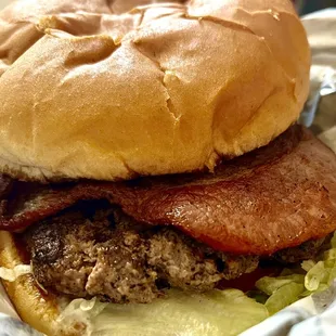 Bacon burger - look at the size of that delicious bacon! Nom!