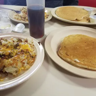 Hashbrown scramble and pancakes