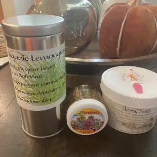 Organic lemongrass tea, organic honey, and organic moisturizer all made by Lyn Ross the owner.