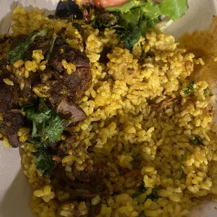 Jerk jackfruit, rice, and salad