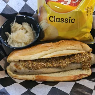 Bavarian Bratwurst and chips