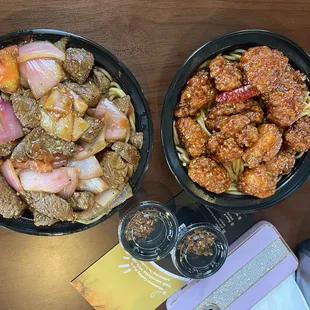 The food we ordered!! ORANGE CHICKEN, LOMO SALTADO , GARLIC NOODLE