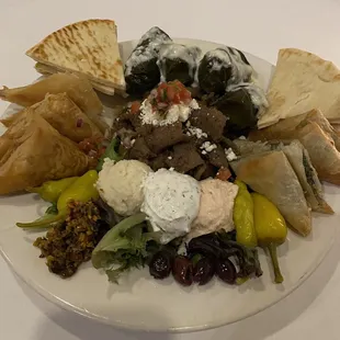 Tour Of Mythos - Gyro, feta, tomato brunoise, tzatziki, spanakopita, dolmades, tapenade, pepperoncini, kalamata, taramosalata, skordalia