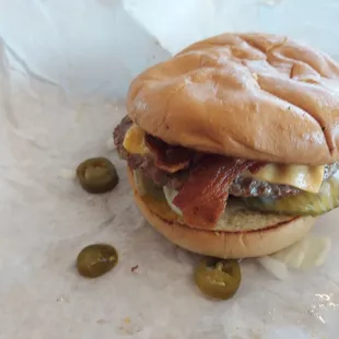 Bacon cheese burger plus jalapenos