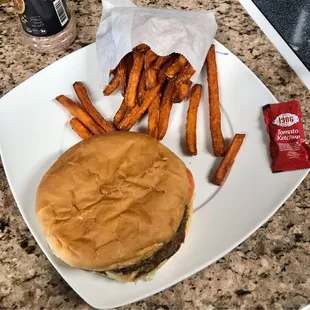 Double meat Mytiburger with large sweet potato fries