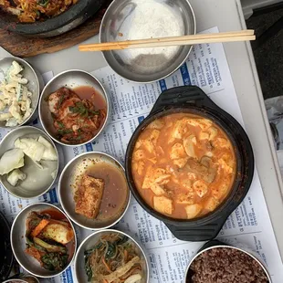 Mushroom tofu, octopus bibimbap