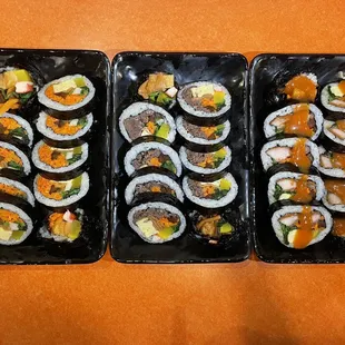 Tuna Kimbap, Beef Kimbap, and Donkatsu Kimbap