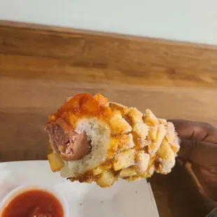 a hand holding a hot dog