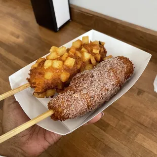 Potato hot dog and Mozzarella covered in sugar