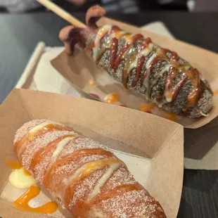 Mozzarella cheese corn dog and squid ink and mozzarella corn sog