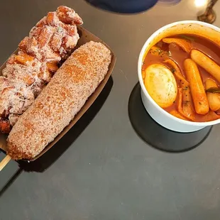 Left: Sweet Potato Hotdog; Mozzarella Cheddar Hotdog; Right: Spicy Ricecakes (Tteok-bbokki)