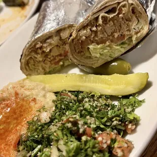Chicken Shawarma wrap with tabouli and baba ghanoush