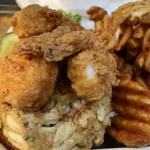 Crab Cake Sandwich with Fried Shrimp and Old Bay Waffle Fries