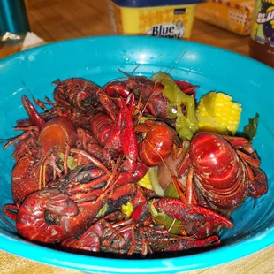 Corn red potatoes sausage and crawfish
