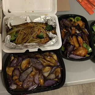 Vegetable Lo Main, V10. Eggplant with Brown Sauce,  V6. Fried Potato, Green Pepper and Eggplant Garlic Broccoli