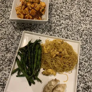 V13. Ma Po Tofu, V 16 Garlic Green Beans, M11. House Singapore Rice Noodle (hot), and Steam pork dumpling(5)
