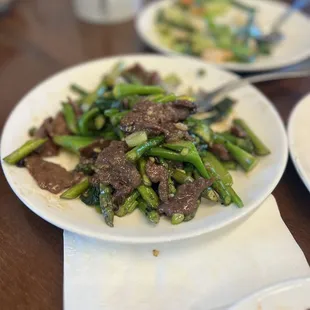 Asparagus beef! It was soft beef and the veggies were crunchy! Perfectly cooked! Delicious A+