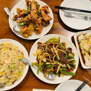 House special fried rice, deep fried spare ribs, Mongolian beef, shrimp noodle roll