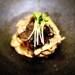 Shiizakana - spaghetti with abalone, mentaiko (pickled cod roe), and truffles