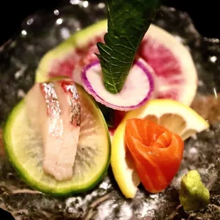 Otsukuri - ocean trout (bottom right), shima aji (bottom left), and tai (I think; top)