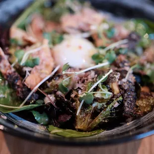 Brussels Sprouts &amp; Salmon Skin - 16 red onion, poached egg