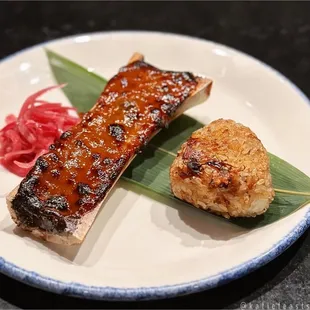 Miso baked bone marrow with umeboshi onigiri