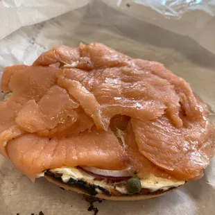 Lox cream cheese red onion and capers deeeelish!!